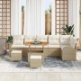 Beiges 9-teiliges vidaXL Garten-Sofa-Set aus Poly Rattan mit Tisch und Kissen.