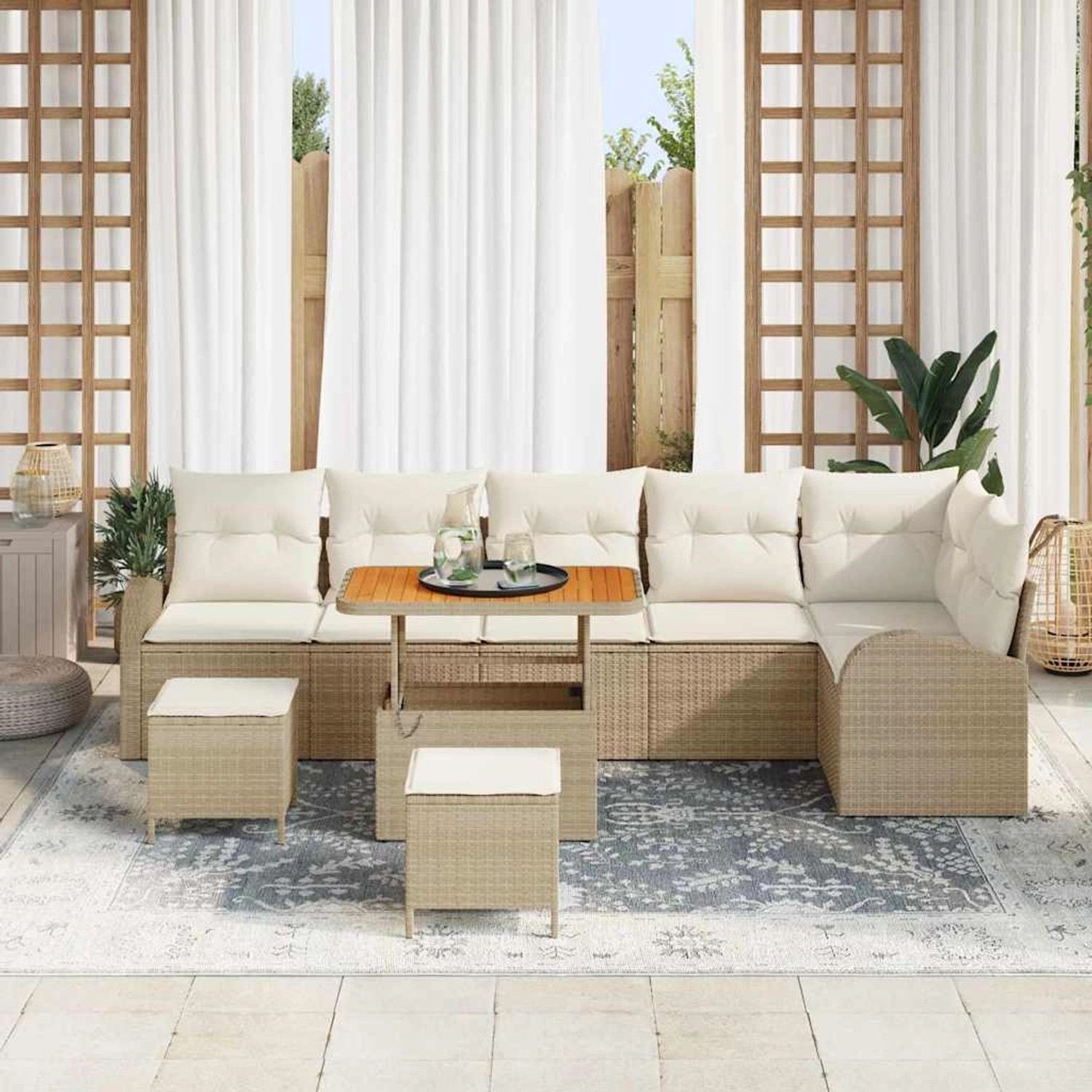 Beiges 9-teiliges vidaXL Garten-Sofa-Set aus Poly Rattan mit Tisch und Kissen.