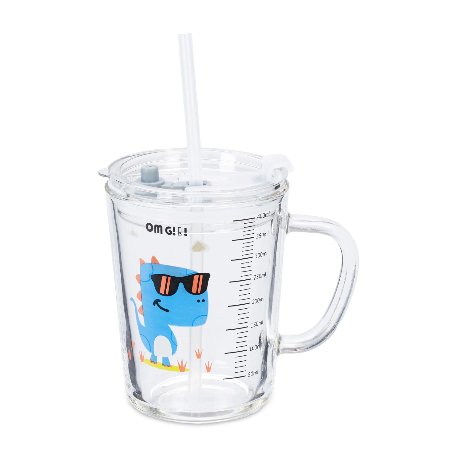 Relaxdays 2er Set Kindergläser Dinomotiv Glas Transparent Blau mit Henkel mit Deckel mit Strohhalm Spülmaschinenfest 12 x 12,5 x 9,5 cm 400 ml