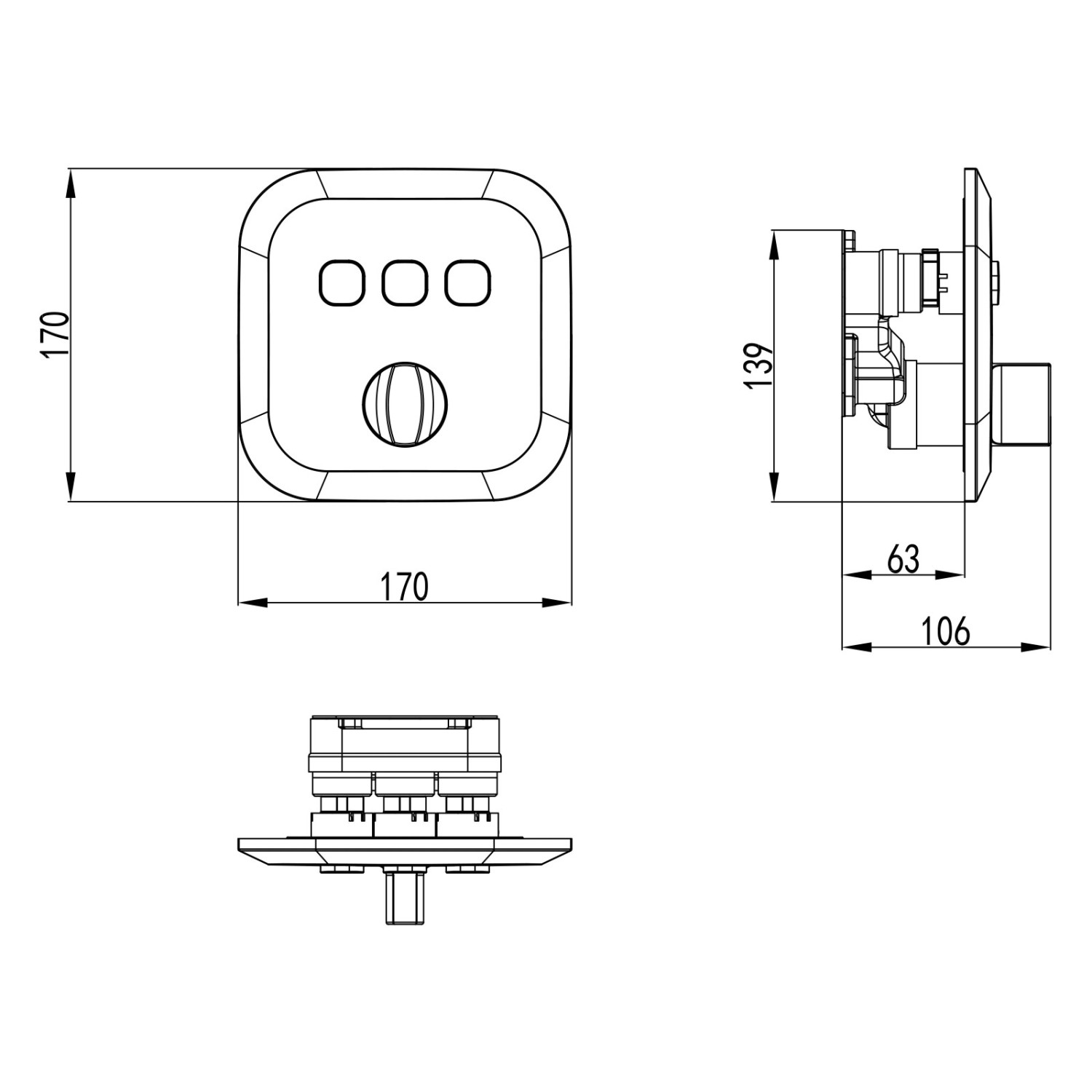 Technische Zeichnung PaulGurkes Unterputz Duschsystem Action Select 3-Wege für Badewanne mit Maßen.