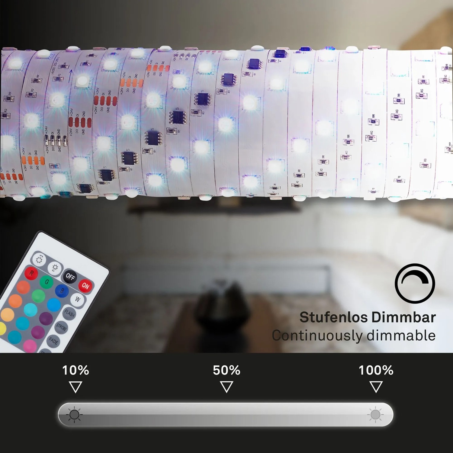 Brilo LED-Strip RGB, 10m, mit Fernbedienung, dimmbar, Farbwechsel, Weiß. Für stimmungsvolle Beleuchtung.