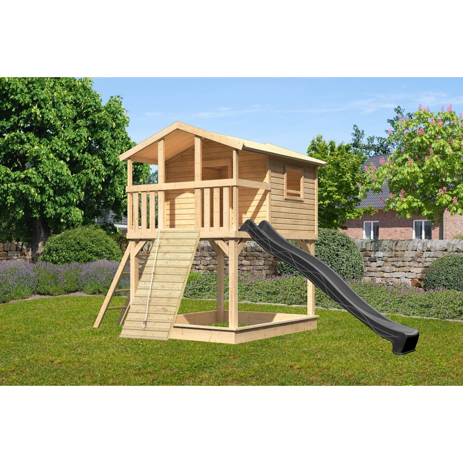 Karibu Stelzenhaus Benjamin mit Rutsche und Holzrampe in Natur-Anthrazit im Garten.