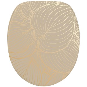 SANILO WC-Sitz Hosta aus Holz mit Blattmuster in Beige und Gold.