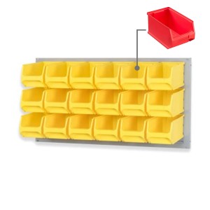 PROREGAL Trägersystem mit 18 roten Sichtlagerboxen auf grauer Systemplatte, 50x100 cm.