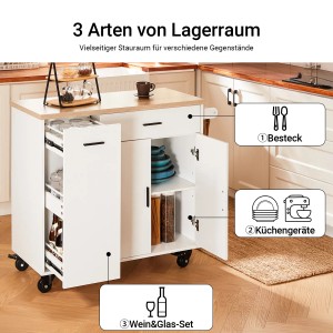SoBuy Küchenwagen weiß-natur mit offener Tür, Schublade, Gewürzregal. Zeigt Stauraum für Besteck, Geräte, Wein. Mobil.