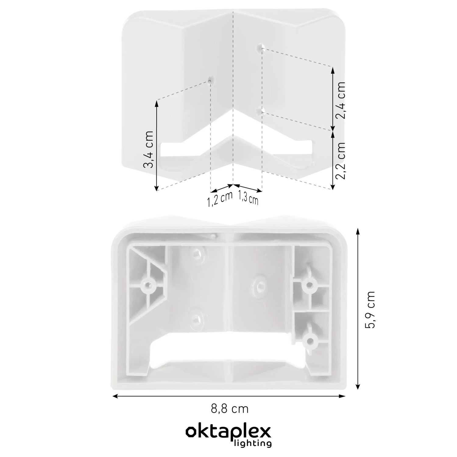 Weißer Oktaplex Eckwandhalter für Cali & Cali Dos zur Eckmontage von Lampen/Leuchten.