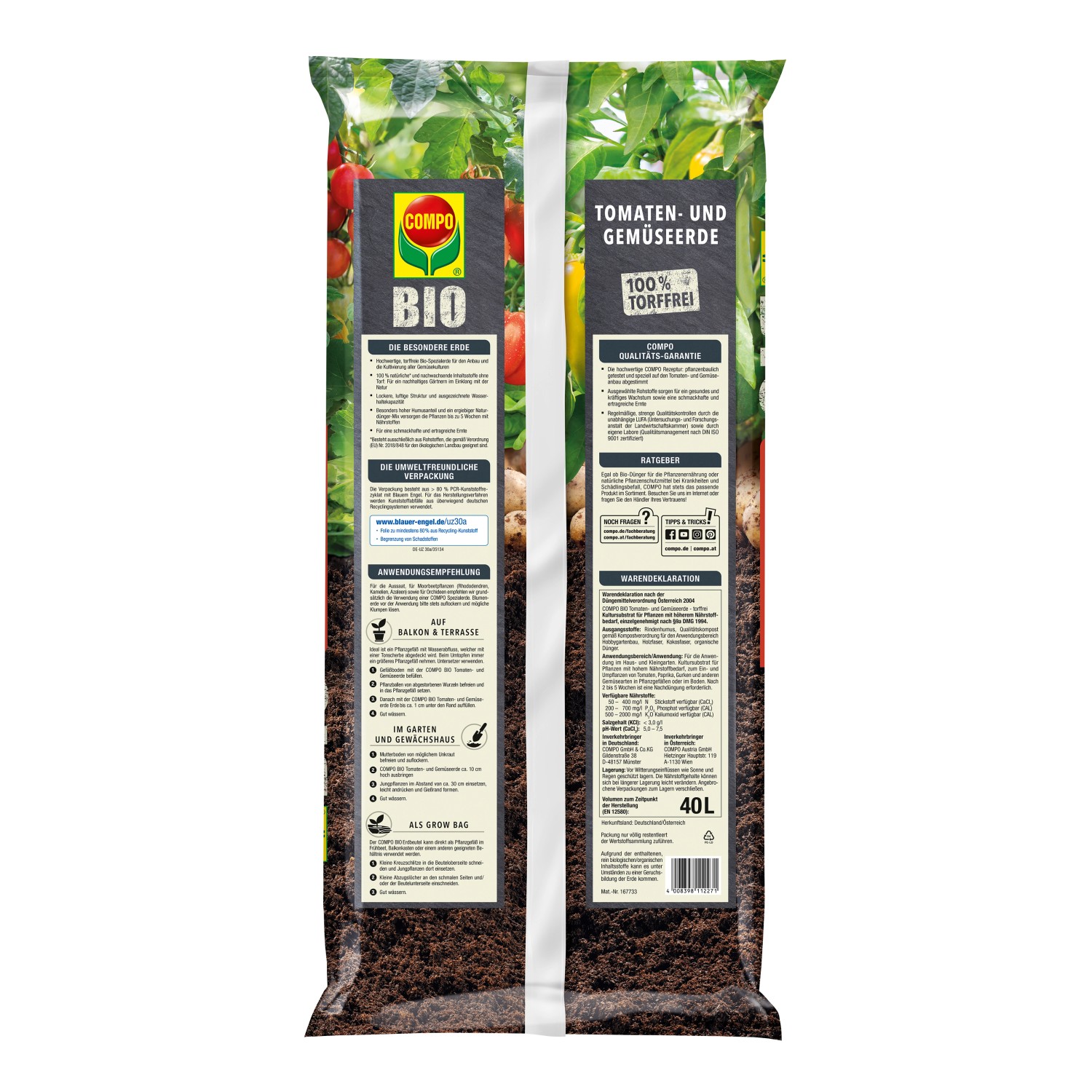 Palette Compo Bio Tomaten- und Gemüseerde, torffrei, 51 Säcke à 40L. Ideal für Beet, Gewächshaus, Balkon.