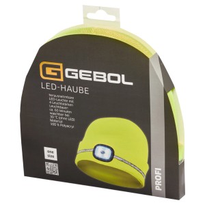 Gebol LED-Strickmütze Gelb mit Reflektionsstreifen, verpackt. Arbeitskleidung für gute Sichtbarkeit.
