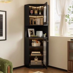 Schwarzer Eckschrank mit LED-Lichtleiste und Glastüren. Moderne Vitrine für flexiblen Stauraum im Wohnbereich.