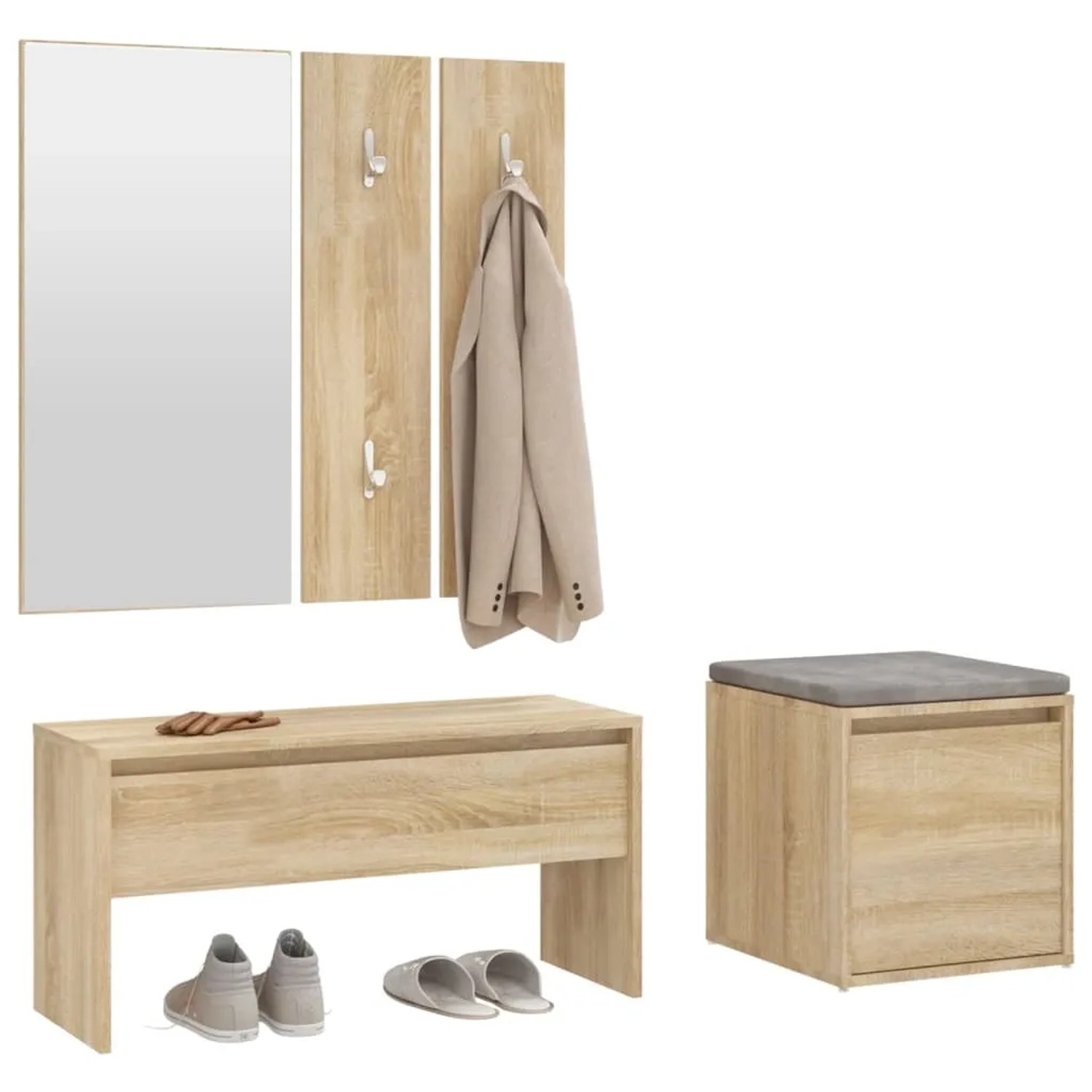 vidaXL Flurmöbel-Set Sonoma-Eiche mit Bank, Spiegel, Garderobe und Hocker.