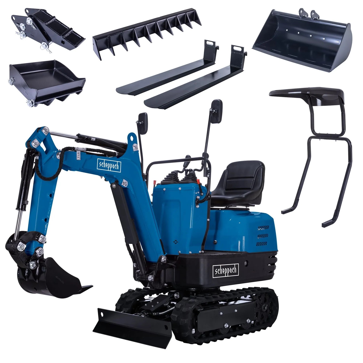 Scheppach Mini-Bagger EXC815 mit Zubehör: Bagger, Rechen, Löffel, Dach und Palettengabel.