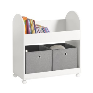 Weißes SoBuy Kinderregal mit 2 Stoffboxen und Rollen. Bücherregal für Kinderzimmer.