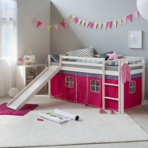 Homestyle4u Hochbett 90x200 mit Vorhang Lattenrost Matratze Rutsche in Weiß 2582