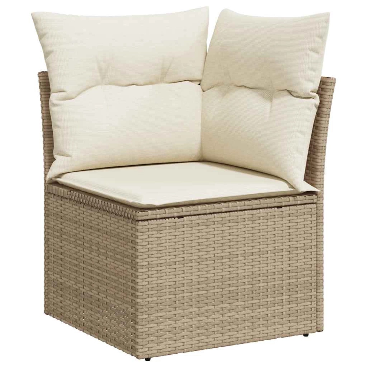 Beige Garten-Sofagarnitur aus Rattan mit Kissen, Teil einer 5-teiligen Loungegruppe.