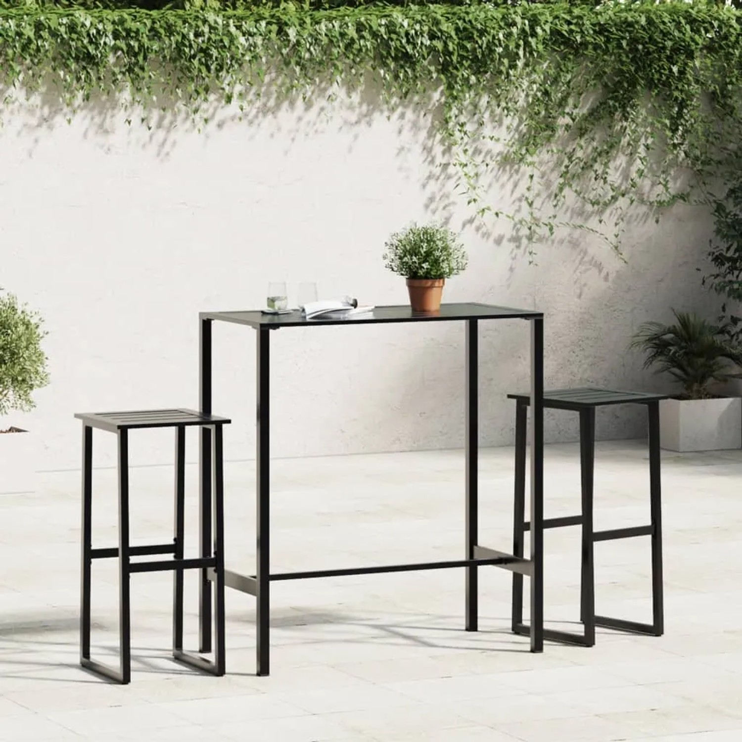 vidaXL Barhocker 2er Set, schwarz, aus pulverbeschichtetem Stahl für Garten, Terrasse oder Balkon.