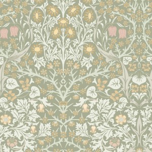 William Morris Blackthorn Vliestapete mit Blumenmuster in Hellgrün, Gelb und Weiß.