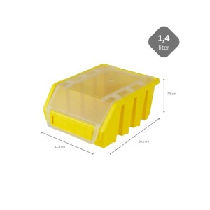 Gelbe PROREGAL Sichtlagerbox mit transparentem Deckel, 11,6 x 16,1 x 7,5 cm, für Aufbewahrungssysteme.