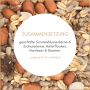 Nahaufnahme von Supravit Wildvogelfutter: geschälte Sonnenblumenkerne, Erdnusskerne, Haferflocken, Hanfsaat, Rosinen.