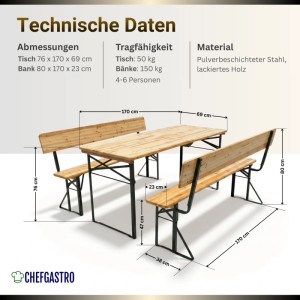 PROREGAL Bierzeltgarnitur 3-teilig: klappbarer Tisch und 2 Bierbänke mit Lehne aus lackiertem Holz, schwarzer Stahlrahmen.