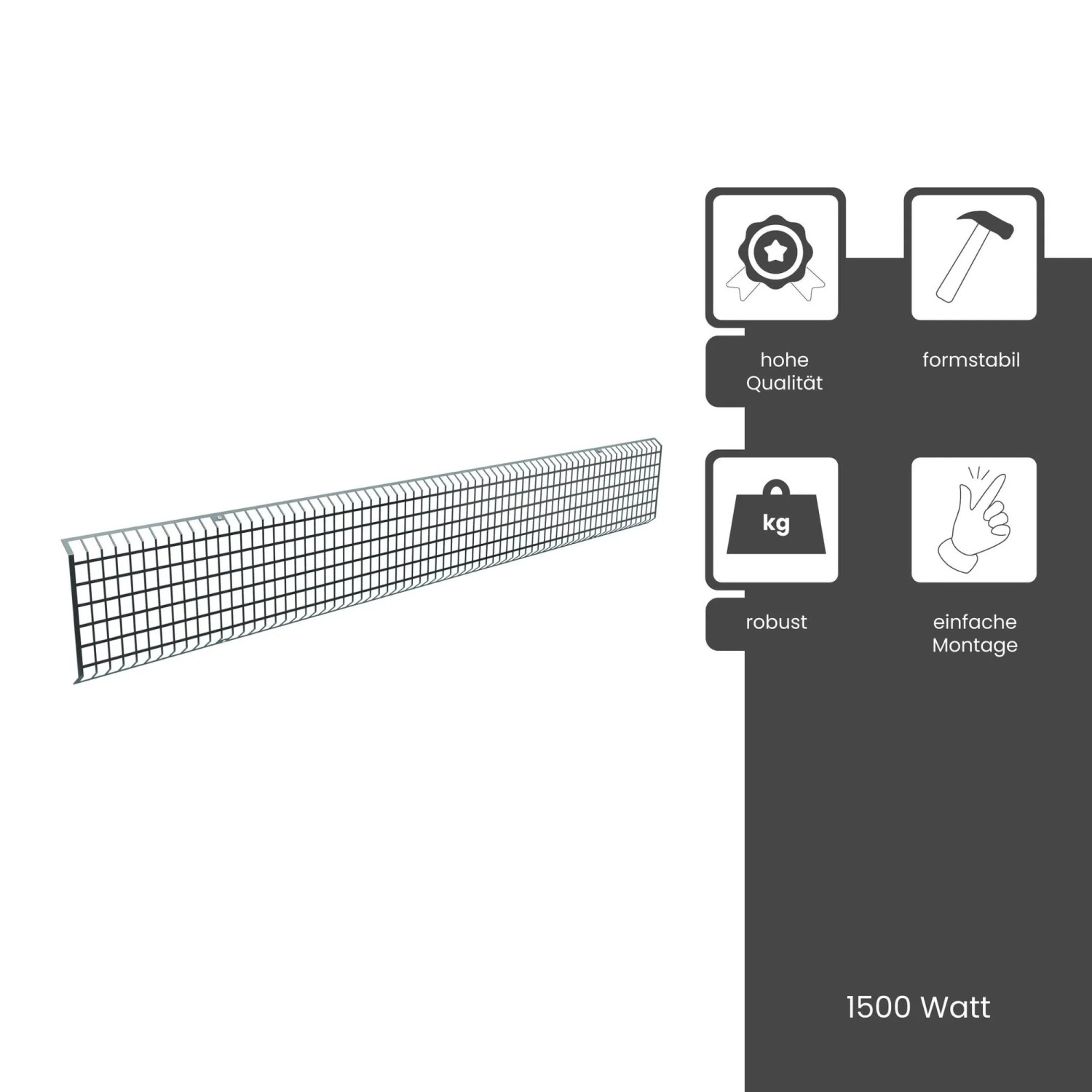 Schwarzes Fenix Schutzgitter für ECOSUN 1500W Heizstrahler, geeignet für Terrasse und Balkon.