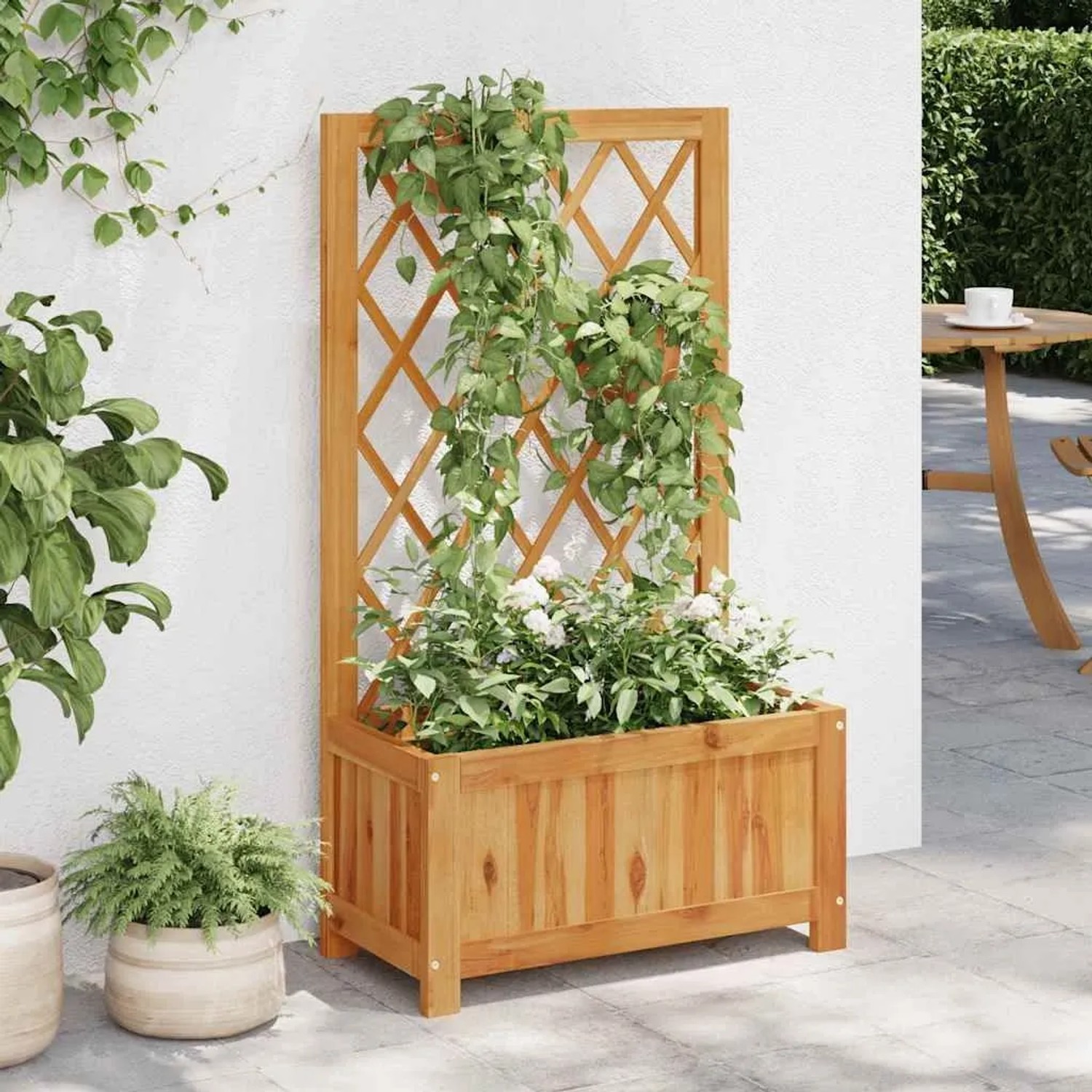 DELUKE Pflanzkasten Mit Spalier WELO Akazienholz Massiv 100x55x28cm Spalier Mit Blumenkasten Hochbeet Mit Rankgitter Rankkasten Gartenspalier_2
