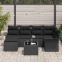 Schwarzes 7-teiliges vidaXL Garten-Sofa-Set aus Poly Rattan mit Tisch und Kissen.