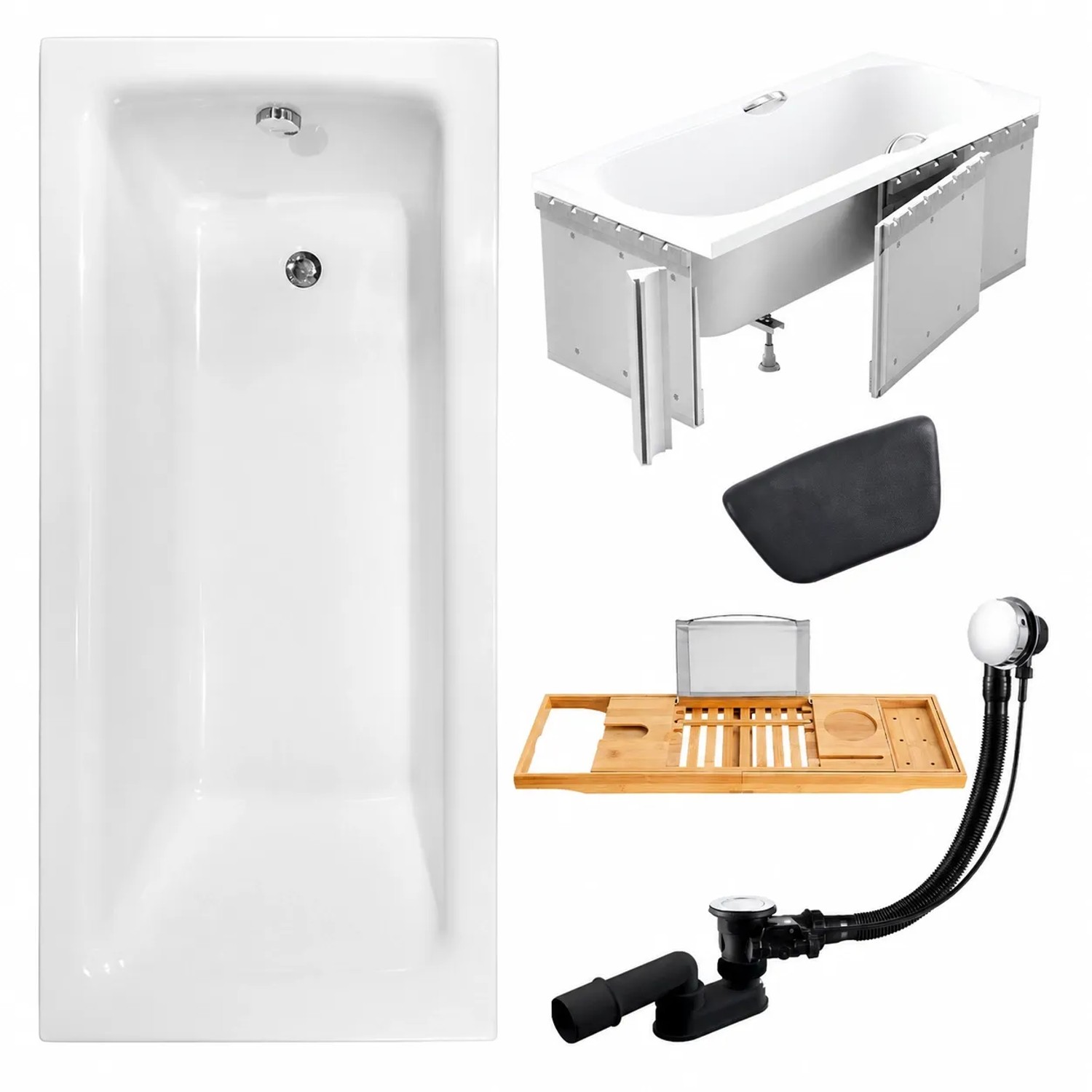 KOLMAN Badewanne Rechteck 150 x 70 Cm Mit Styroporverkleidung Mit Bambus Badewannenablage Mit Kopfstütze KODI Inkl. Ablauf Und Füße