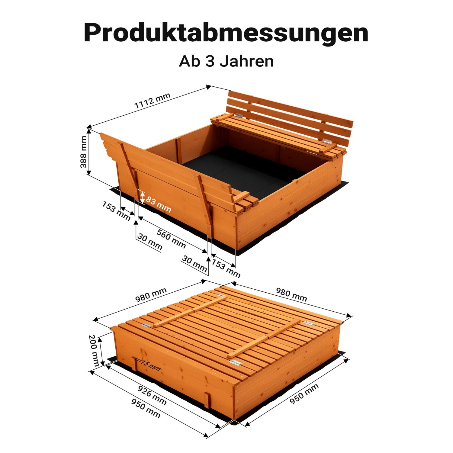 Wiltec Sandkasten aus Fichtenholz mit 2 Sitzbänken, die zum Deckel werden, offen und geschlossen, Maße 98x98x21cm.