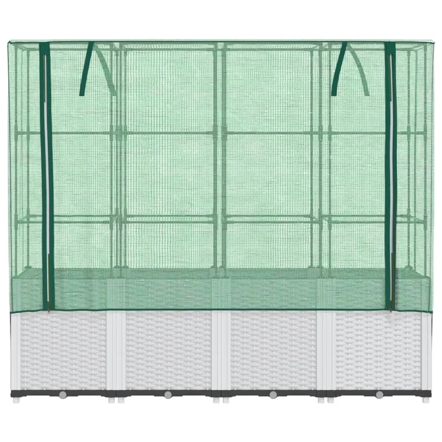 vidaXL Hochbeet mit Gewächshaus-Aufsatz, Rattan-Optik, 160x40x153 cm, weißes Beet, grünes Netz.