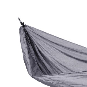 Detailaufnahme: Dunkelgraue Svita Hängematte mit Karabiner für Outdoor Camping.