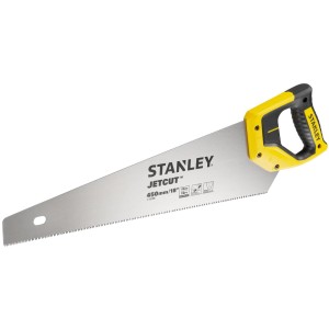 Stanley Jetcut Handsäge Fein, 450 mm, mit gelb-schwarzem Griff. Ideal für feine Holzschnitte.