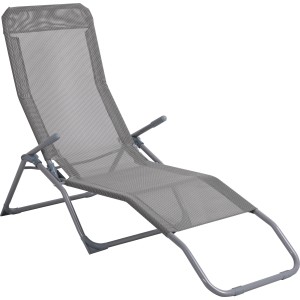 Graue, klappbare Sonnenliege Pando mit verstellbarer Rückenlehne und Textilbezug.
