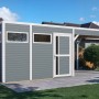 Modernes, hellgraues Bertilo Holz-Gartenhaus Cubus 3 Lounge mit Überdachung und weißen Akzenten.