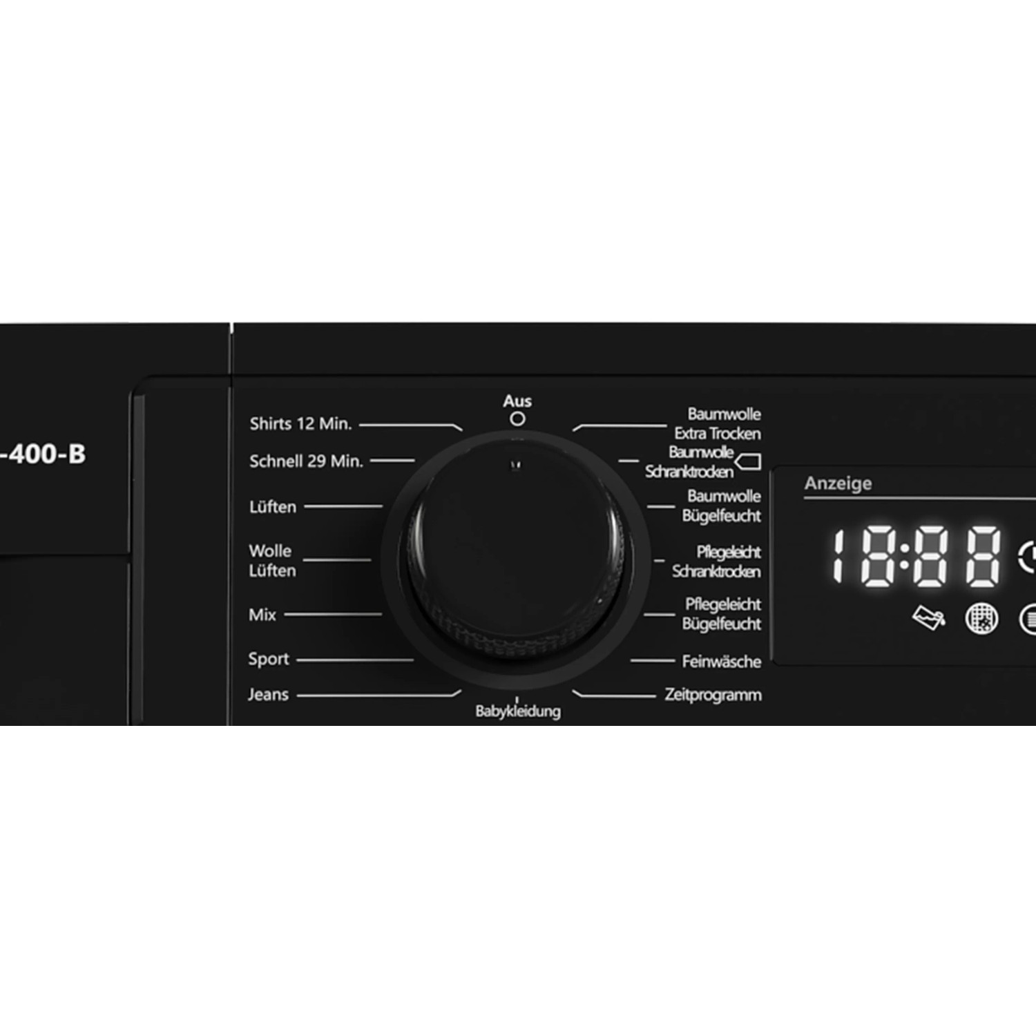 Telefunken Kondenstrockner, schwarzes Bedienfeld mit Programmwähler und LED-Anzeige.