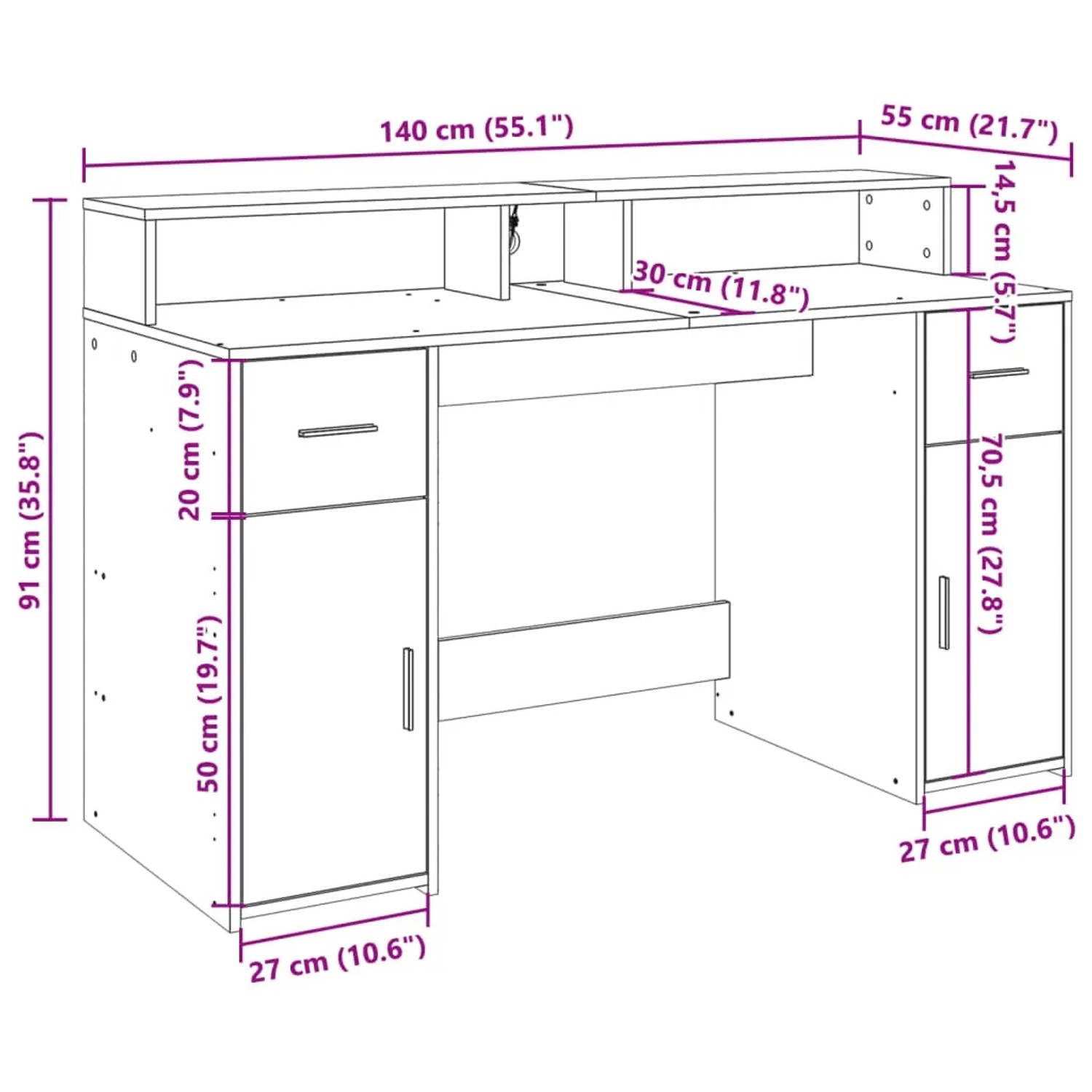 Weißer LED-Schreibtisch aus Holzwerkstoff, 140x55x91 cm, mit integrierter Schublade, Fächern und Ablage für Büro.