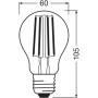 Skizze: Osram E27 LED Leuchtmittel, Glühlampenform, 3,8W, warmweiß, Maße 60x105mm.