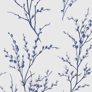 Laura Ashley Vliestapete Pussy Willow Midnight mit Weidenkätzchenmuster in Blau auf Weiß.