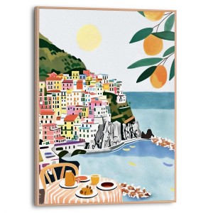 Gerahmtes Bild Amalfiküste, farbenfrohe Häuser am Meer, 40x30 cm, Wanddeko für Wohnzimmer.