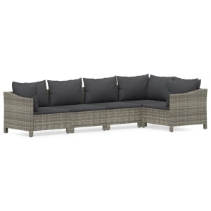 Graues 5-tlg. vidaXL Garten-Lounge-Set aus Rattan mit dunklen Kissen.