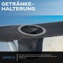 Detailaufnahme: Schwarzer 24MOVE Campingstuhl mit Getränkehalter vor Strandkulisse.