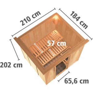 Karibu Sauna Dilja mit LED-Dachkranz, naturbelassene Massivholzsauna mit Maßen.