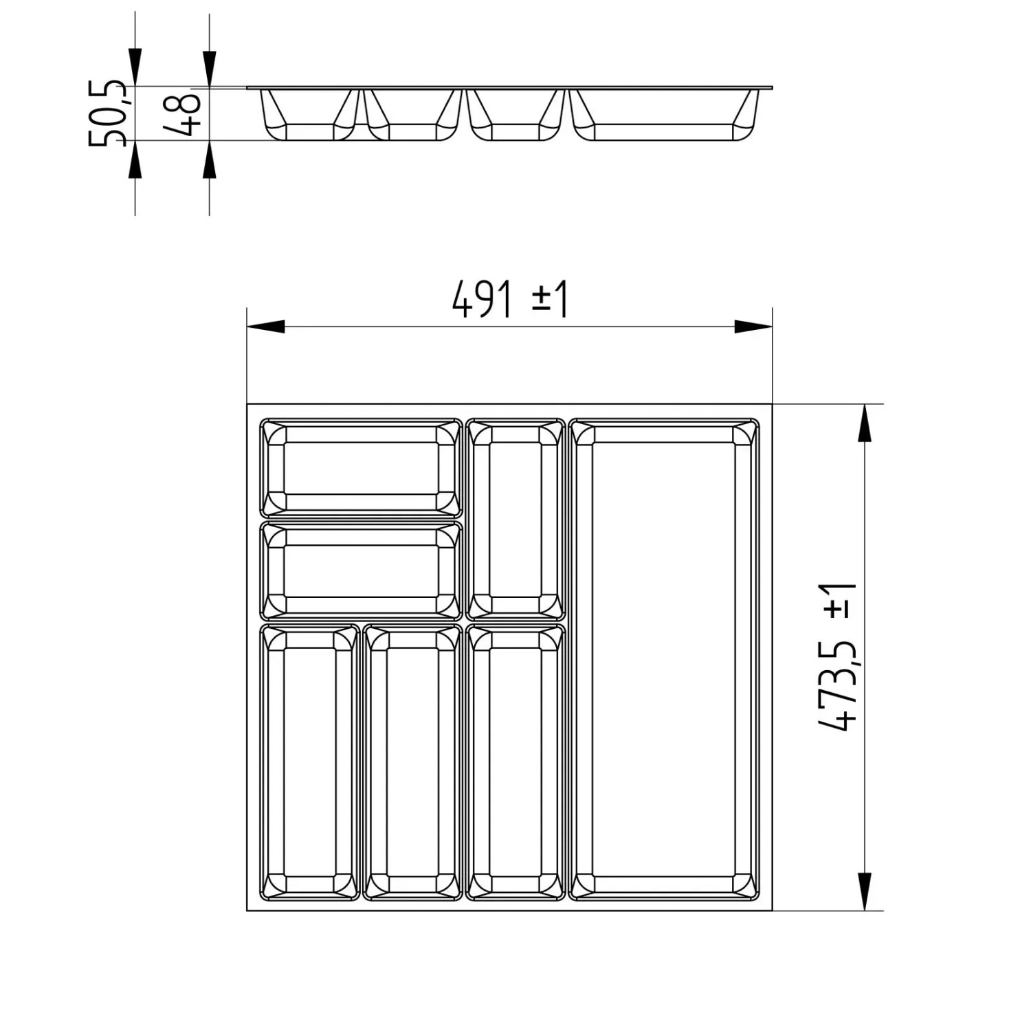 Technische Zeichnung des SOTECH ORGA-BOX-3 Besteckeinsatzes silbergrau mit Maßen 491x473,5x50,5 mm und Fächern.