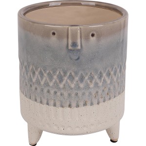 Grauer Übertopf mit Gesicht und Füßen, 17x14 cm, aus Keramik. Dekoratives Pflanzgefäß für Innen und Außen.