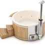 Finntherm Badefass Stockholm mit Thermoholz-Verkleidung, VA-Ofen und Whirlpool-System.