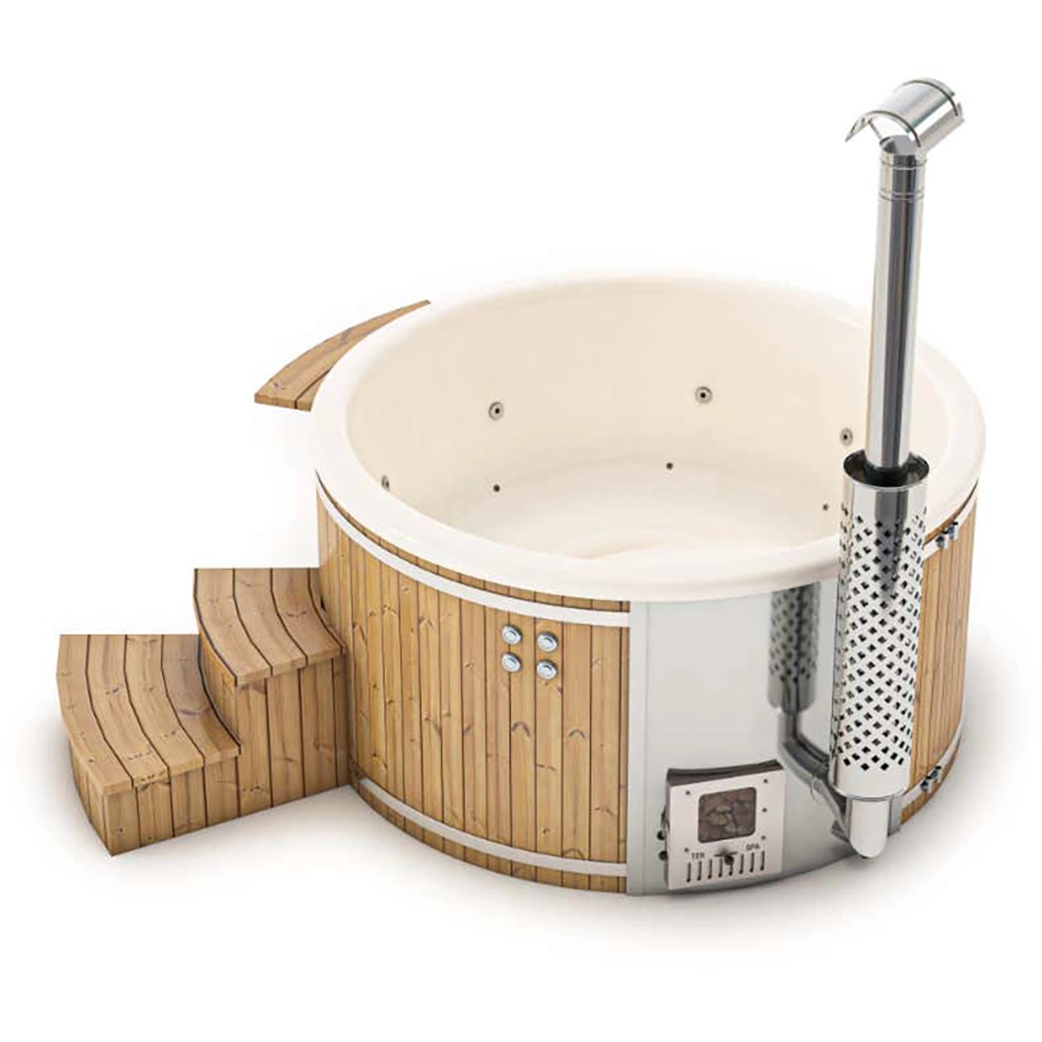 Finntherm Badefass Stockholm mit Thermoholz-Verkleidung, VA-Ofen und Whirlpool-System.