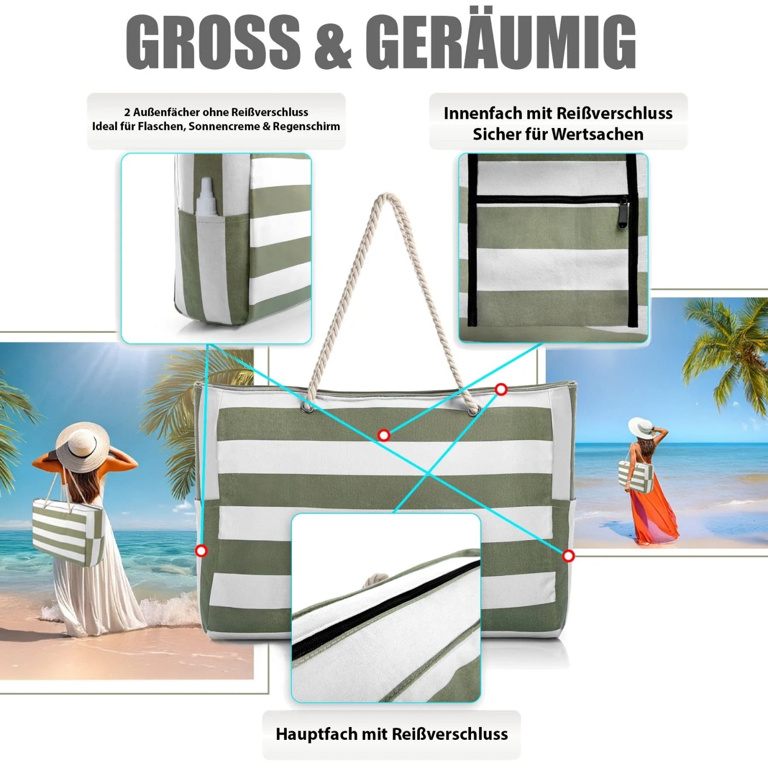 BigDean Strandtasche XXL große Badetasche mit Reißverschluss Schwimmbad Tasche Saunatasche Einkaufstasche Umhängetasche_10