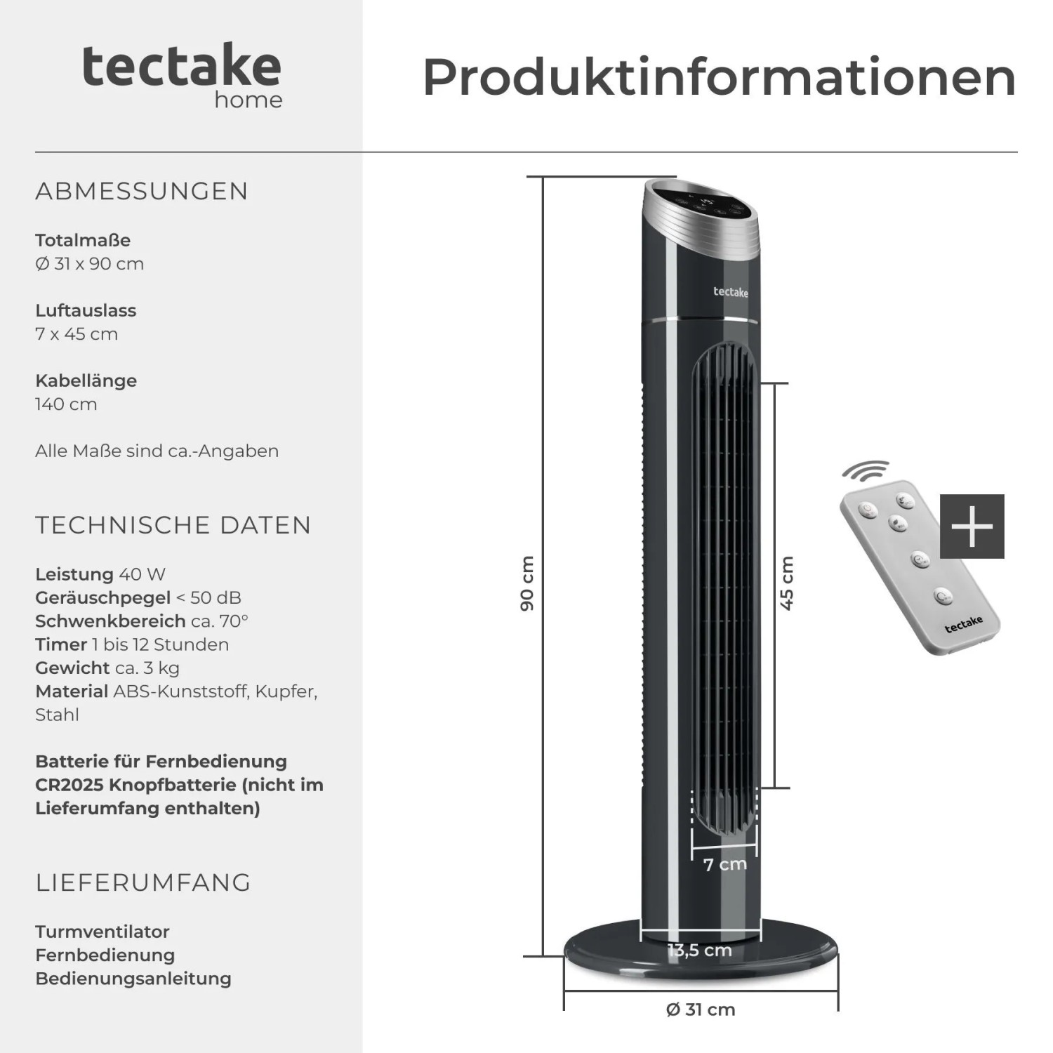 Tectake Turmventilator Oszillierend 3 Modi und 3 Geschwindigkeitsstufen 31 x 31 x 90 cm Anthrazit_6