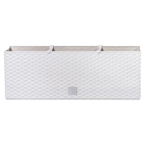 Weißer Prosperplast Balkonkasten Rato Case (17 l) im Rattan-Design.