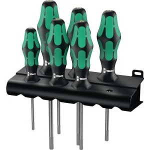 Sechsteiliger Wera TORX Schraubendrehersatz mit grünen/schwarzen Griffen in schwarzem Halter.