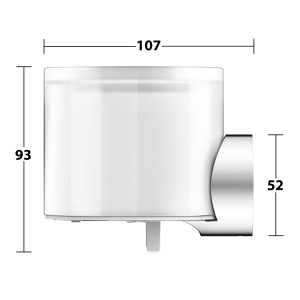 Keuco Reva Lotionspender, weiß/verchromt, mit Maßangaben für Breite (107), Höhe (93) und Tiefe (52).